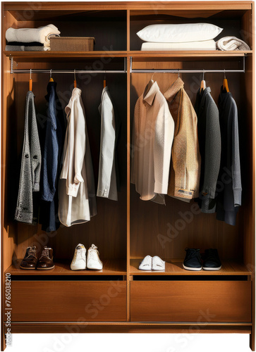 Organized men's wardrobe with various clothing, cut out transparent