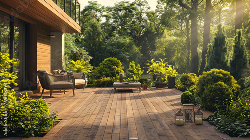 Beautiful wooden terrace with garden