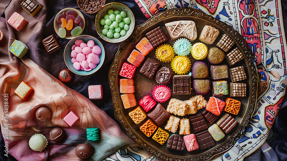 Top view of different sweets, copy space, Eid festive, Happy holiday, sweets for festivals