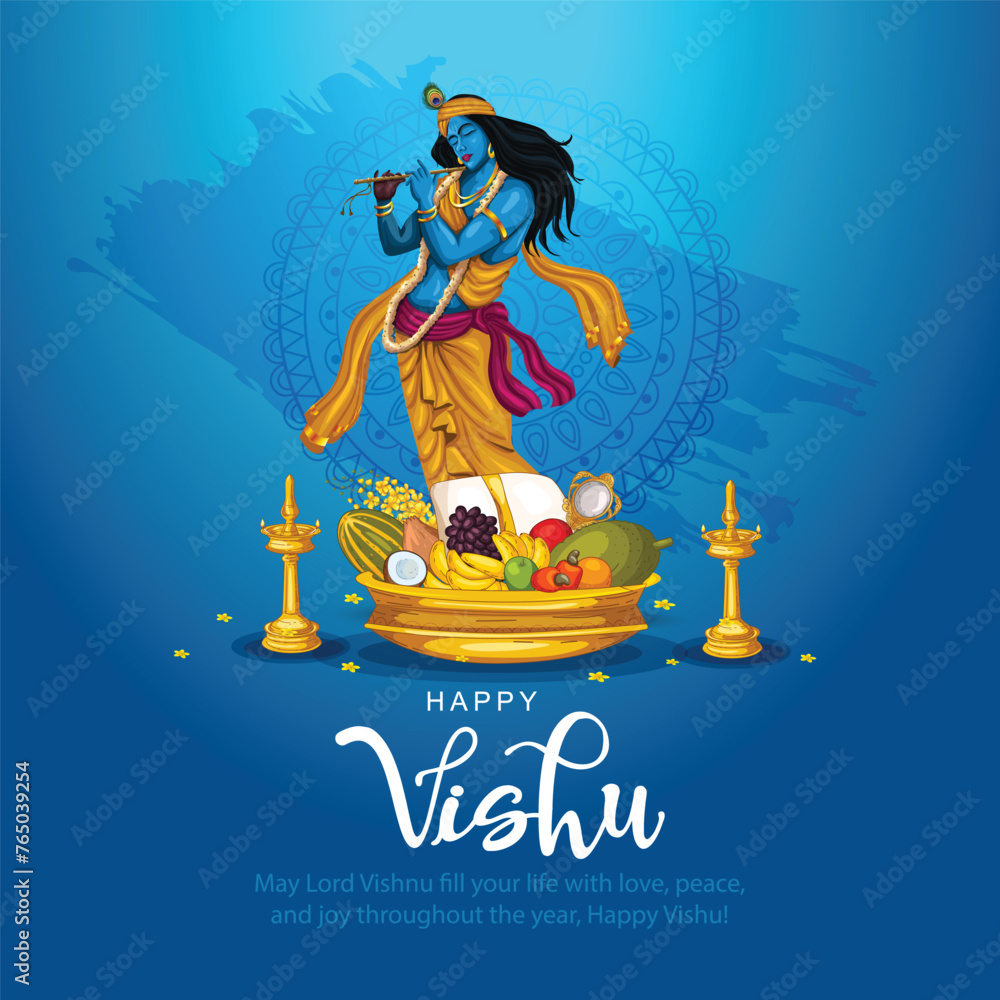 Happy Vishu greetings. April 14 Kerala festival with Vishu Kani, vishu flower Fruits and vegetables in a bronze vessel. abstract vector illustration design - obrazy, fototapety, plakaty 