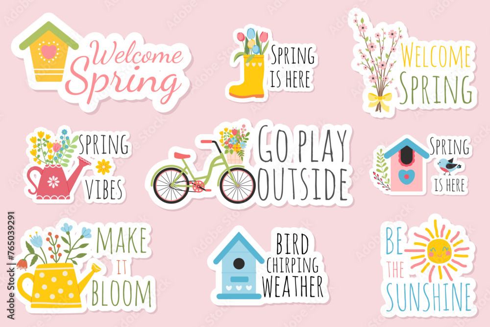 Set of spring stickers. Spring stickers collection with different seasonal elements and spring inscriptions, quotes. Flowers, branches, bouquets, watering can, teapot, birdhouse, bicycles. Vector card