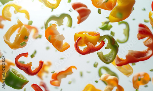 sliced bell pepper floating in the air on the white background.