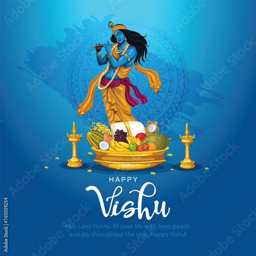 Happy Vishu greetings. April 14 Kerala festival with Vishu Kani, vishu flower Fruits and vegetables in a bronze vessel. abstract vector illustration design