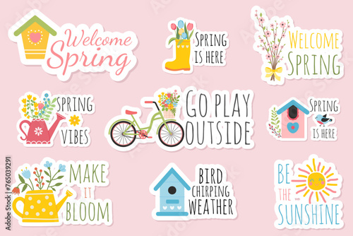 Set of spring stickers. Spring stickers collection with different seasonal elements and spring inscriptions, quotes. Flowers, branches, bouquets, watering can, teapot, birdhouse, bicycles. Vector card