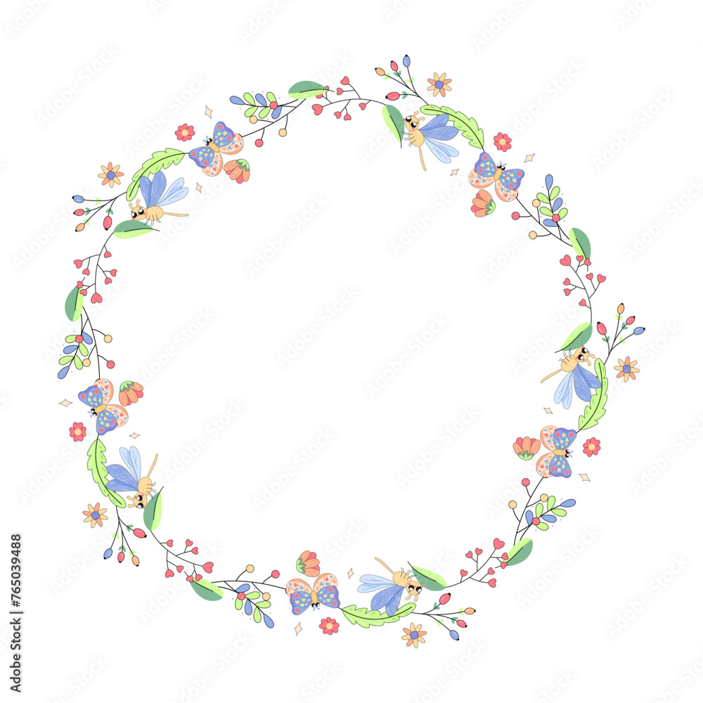 frame, with flowers and beetles, butterflies, summer spring for congratulations, announcements. on a white background frame, with flowers and beetles, butterflies, summer spring for congratulations, announcements. on a white background