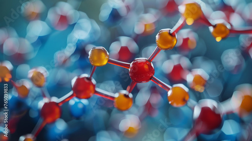 Close-up of a colorful molecular structure model with a blurred blue background, representing scientific concepts.