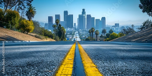 Empty urban road with city buildings in background new modern highway construction in Los Angeles USA. Concept Urban Road Construction, Cityscape, Los Angeles, Modern Highway, USA