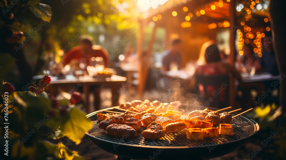 Evening garden barbecue with grilled food on the grill, people dining at the background in warm light, cozy summer gathering.