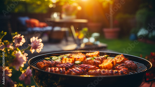 Backyard barbecue grill with meat steaks cooking over flames, summer outdoor party with bokeh lights, leisure lifestyle.