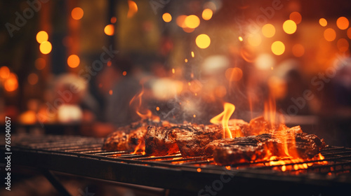 Grilled meats on a BBQ, with glowing embers and flames, at a night party with bokeh lights in the background.