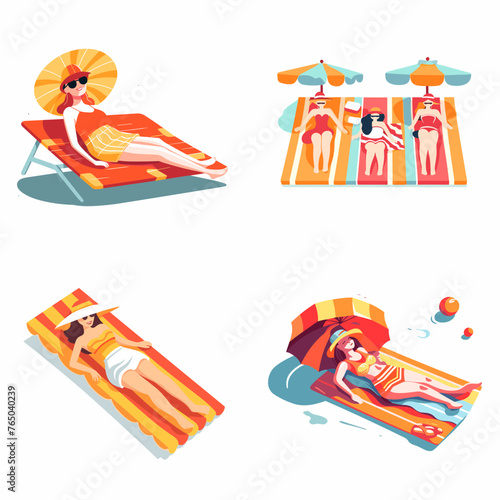 cartoon women sunbath on beach element