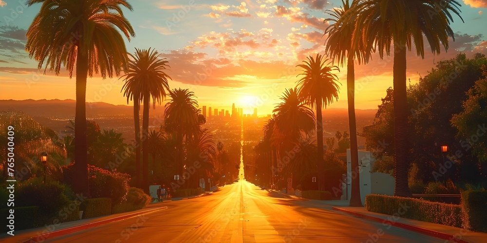 Golden Hour in Los Angeles: Palm Trees, Long Shadows, and City Lights. Concept Golden Hour Photography, Los Angeles Landmarks, Sunset Silhouettes, Urban Landscape, Vibrant Skies
