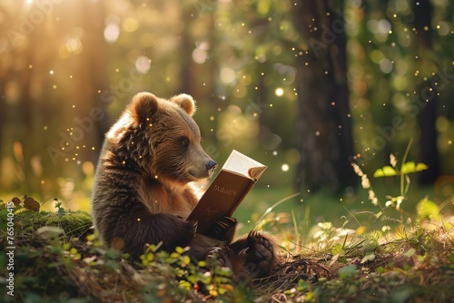 Brown Bear Sit Read Book in The Middle of Jungle