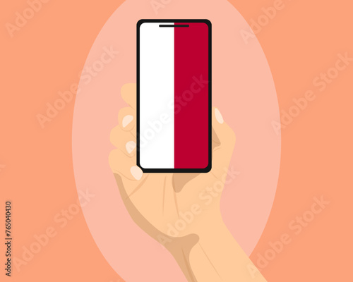 Indonesia flag on mobile phone screen, holding smartphone, advertising social media or banner concept