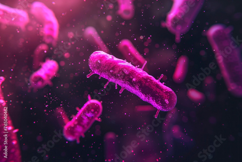 A digitally created image featuring a pink bacterial organism, symbolizing infection and science