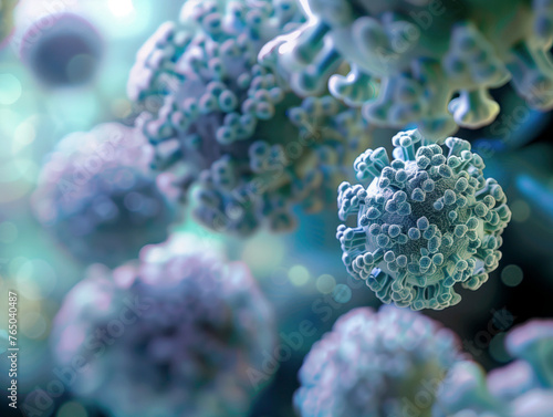 Close-up 3D rendering of clustered blue virions, symbolizing viral infections and microbiology