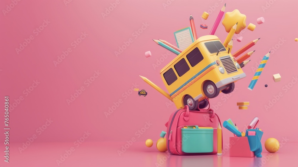 Naklejka premium 3d rendering: school bus emerging from backpack amidst school supplies on pink background - educational concept
