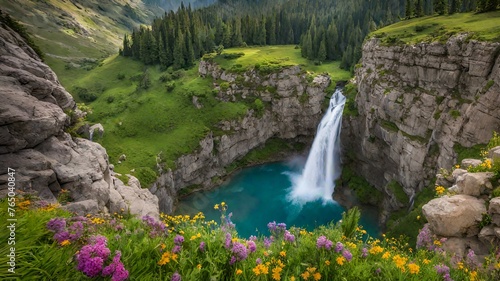 A majestic waterfall cascades down a rugged cliff face  sending plumes of mist into the air as it crashes into a crystal-clear pool below  surrounded by lush greenery and vibrant wildflowers.