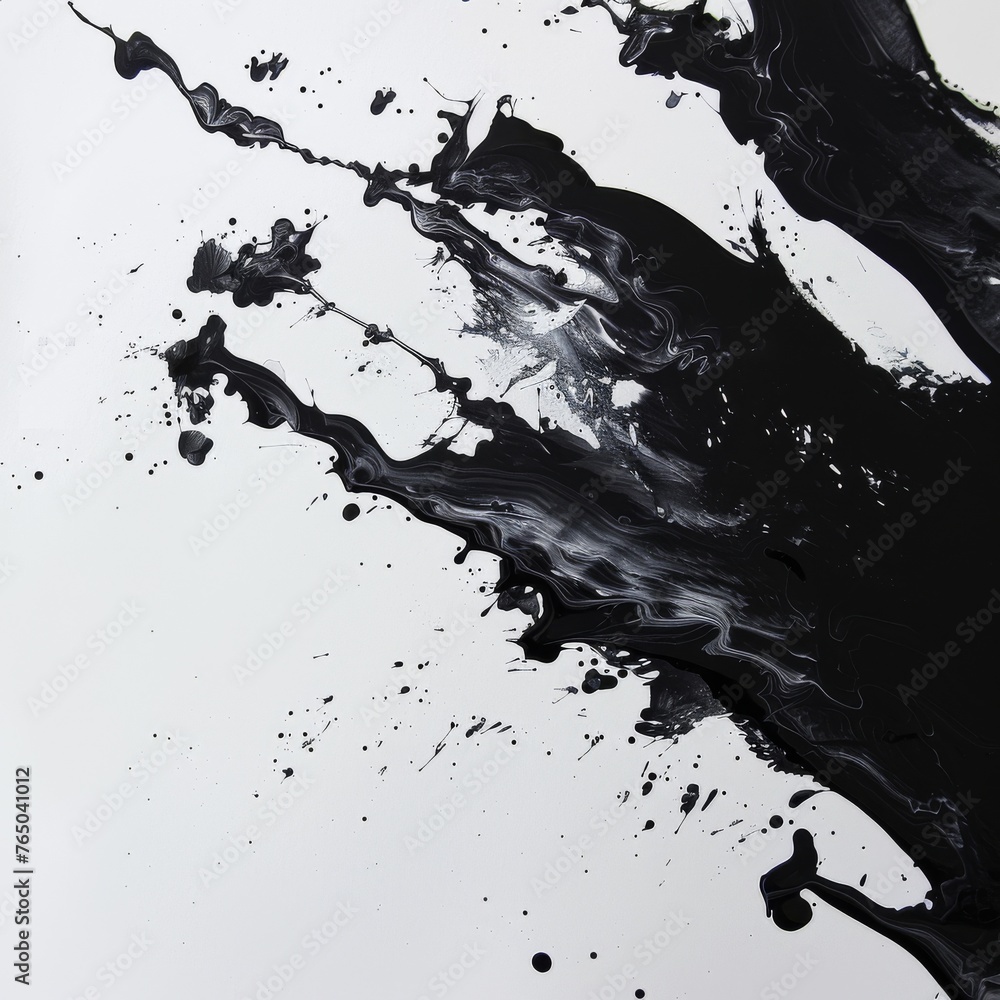 Dynamic black ink splatter against a stark white background, evoking a sense of creativity, movement, and artistic expression