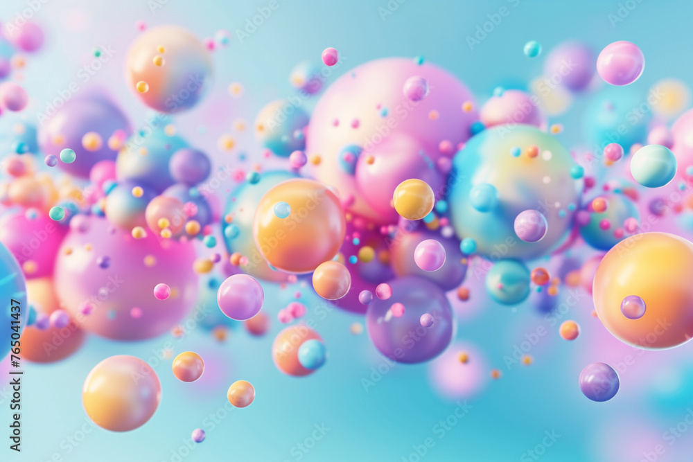 3D render of multicolored spheres floating with a shallow depth of field