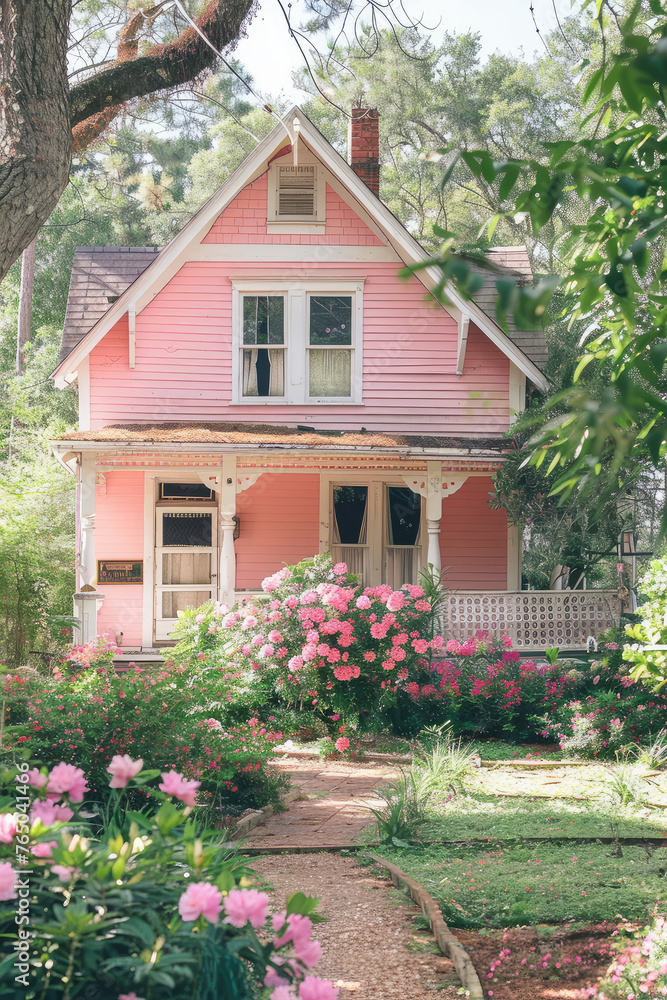 Cute Pink Cottage with copy space. Pastel pink wooden girlishly quaint country cottage.