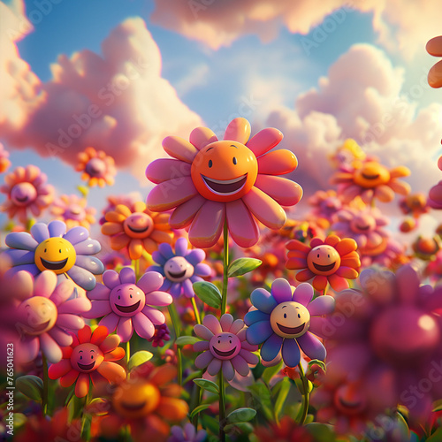 animated smiling flowers basking under a clear sky