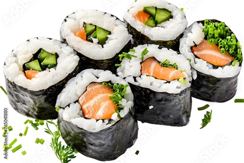 Sushi Rolls: Closeup of Delicious Japanese Food, top View, Isolated on White Background