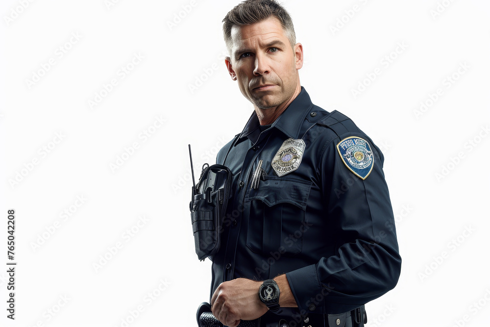 A police officer is standing in front of a white background, holding a gun A police officer is standing in front of a white background, holding a gun