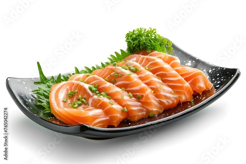 Sliced Salmon Sashimi on Plate: Japanese Food, Side View, Sushi, Salmon