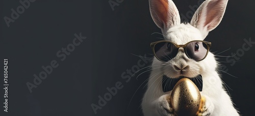 Cute white Easter bunny with sunglasses and bow tie near golden easter egg on dark background