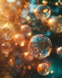 Whimsical objects, colorful spheres, mysterious symbols, arcane secrets, adventure beckons, in motion tales within spinning balls Photography, Golden Hour, Bokeh effect