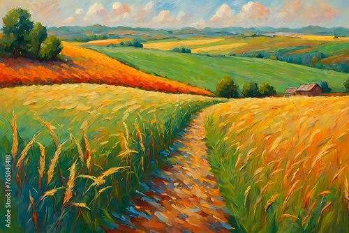 Landscape field grain impressionism oil painting. Landscape field grain impressionist oil painting vibrant color photo