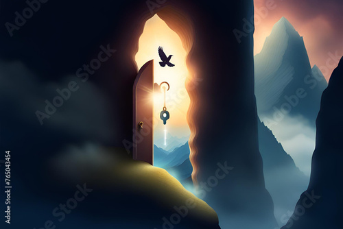 Key opening concept and the secret of success symbol as a mountain cliff shaped as a keyhole with birds flying photo