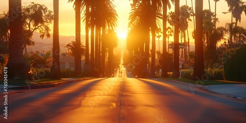 Golden Hour in Los Angeles: Palm trees casting long shadows on a street with city lights in the distance. Concept Golden Hour, Los Angeles, Palm Trees, Long Shadows, City Lights photo