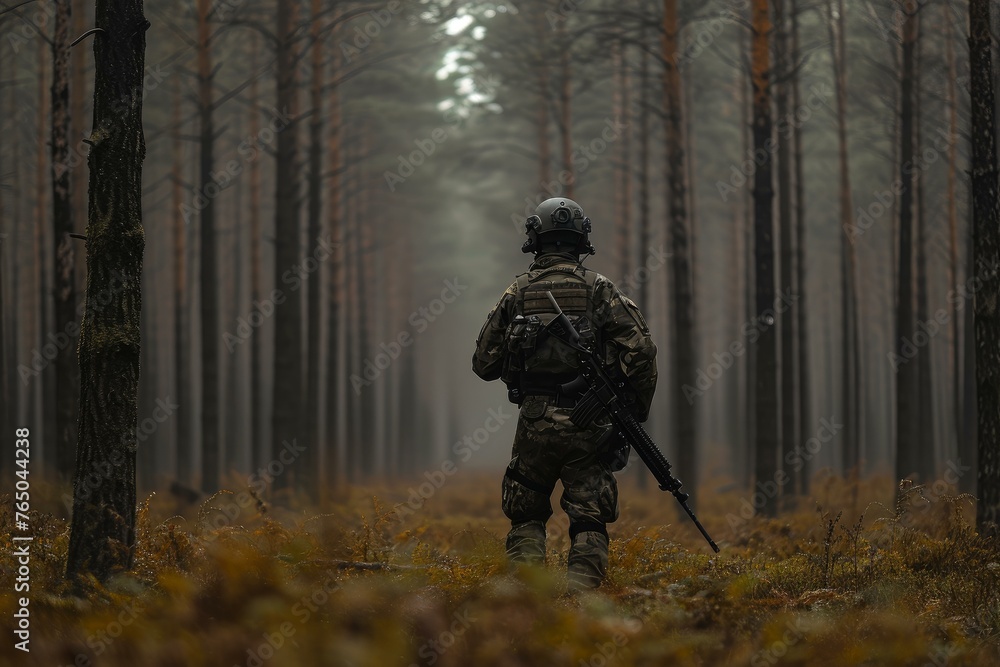 Strategic Airsoft player forest. Military helmet. Generate Ai