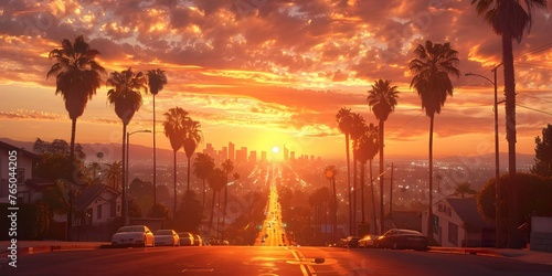 Golden Hour in Los Angeles: Palm Trees and City Lights at Sunset. Concept Sunset Photography, Los Angeles Landmarks, Cityscape Views, Tree Silhouettes, Magic Hour Lighting
