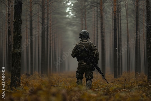 Strategic Airsoft player forest. Military helmet. Generate Ai