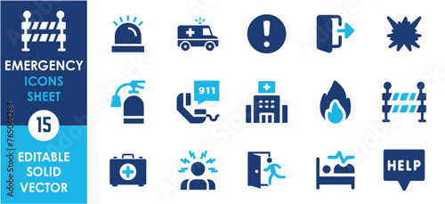 Emergency icon set. Containing ambulance, lifebuoy, first aid and so on. Flat emergency icons set.