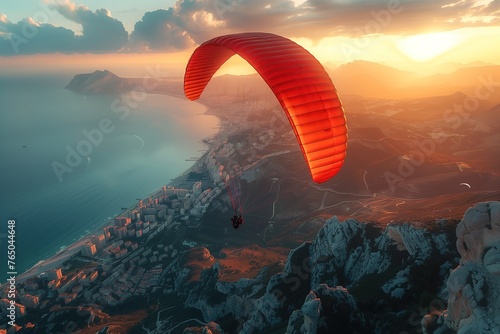 Paraglider Soaring Over Ocean at Sunset