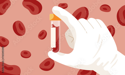 Medical test tube with blood inside. Concept of laboratory testing red blood cells. Flat vector illustration of doctor or scientist's hand holding blood tube with red blood cells on background.