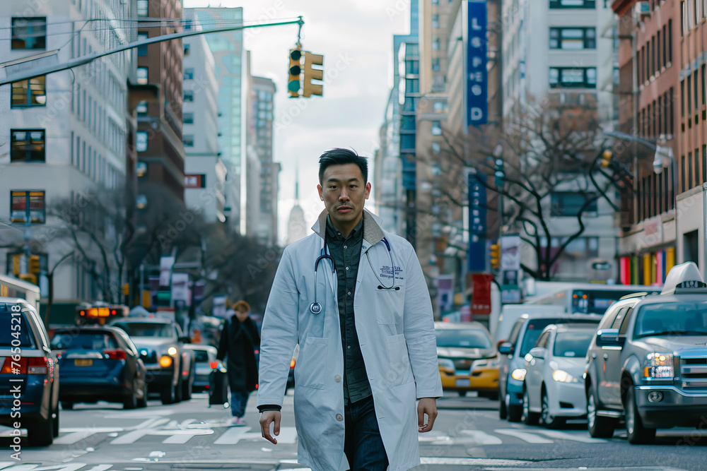 An Asian man in a doctor's coat walking down a city street