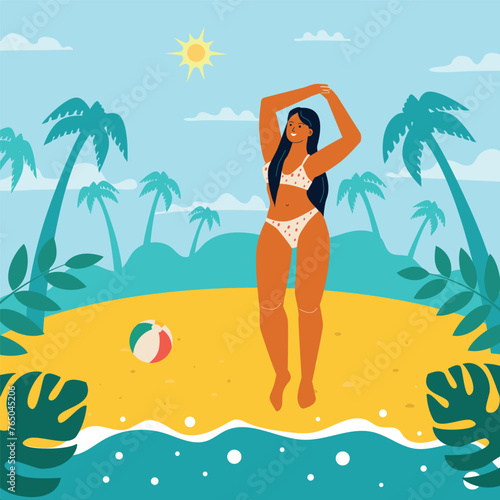 A beautiful young woman with tanned skin against the background of the beach, palm trees, the concept of summer holidays by the sea.