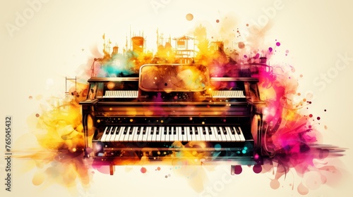 Colorful guitar and piano keys on watercolor illustration painting, music concept background