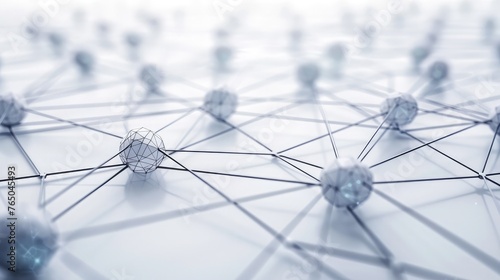 A white background with futuristic, high-tech lines representing network connectivity is used. three-dimensional rendering, Digital data and network connection triangle lines and spheres technology