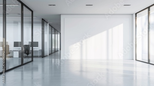 mock up Spacious office interior with white walls  windows with city view. 3d rendering