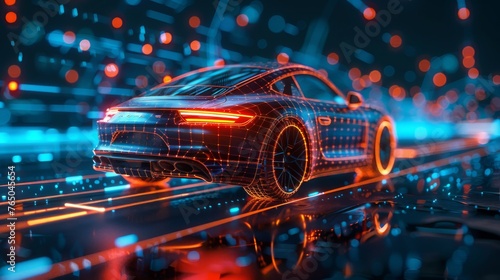 Cyber Velocity Concept Car. A high-speed concept car races through a cybernetic space, its digital frame glowing with energy and motion.