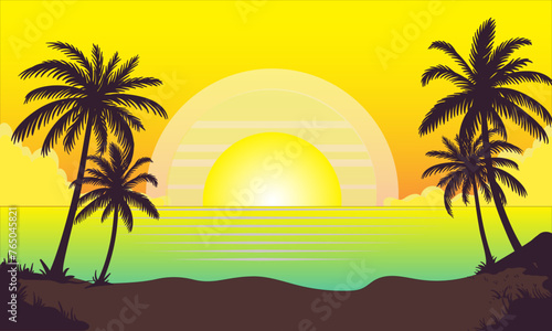 Fototapeta Naklejka Na Ścianę i Meble -  Sea and beach landscape concept. Summer beach sunset. vector illustration