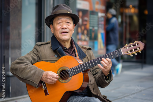 A man in a hat is playing a guitar on a street corner