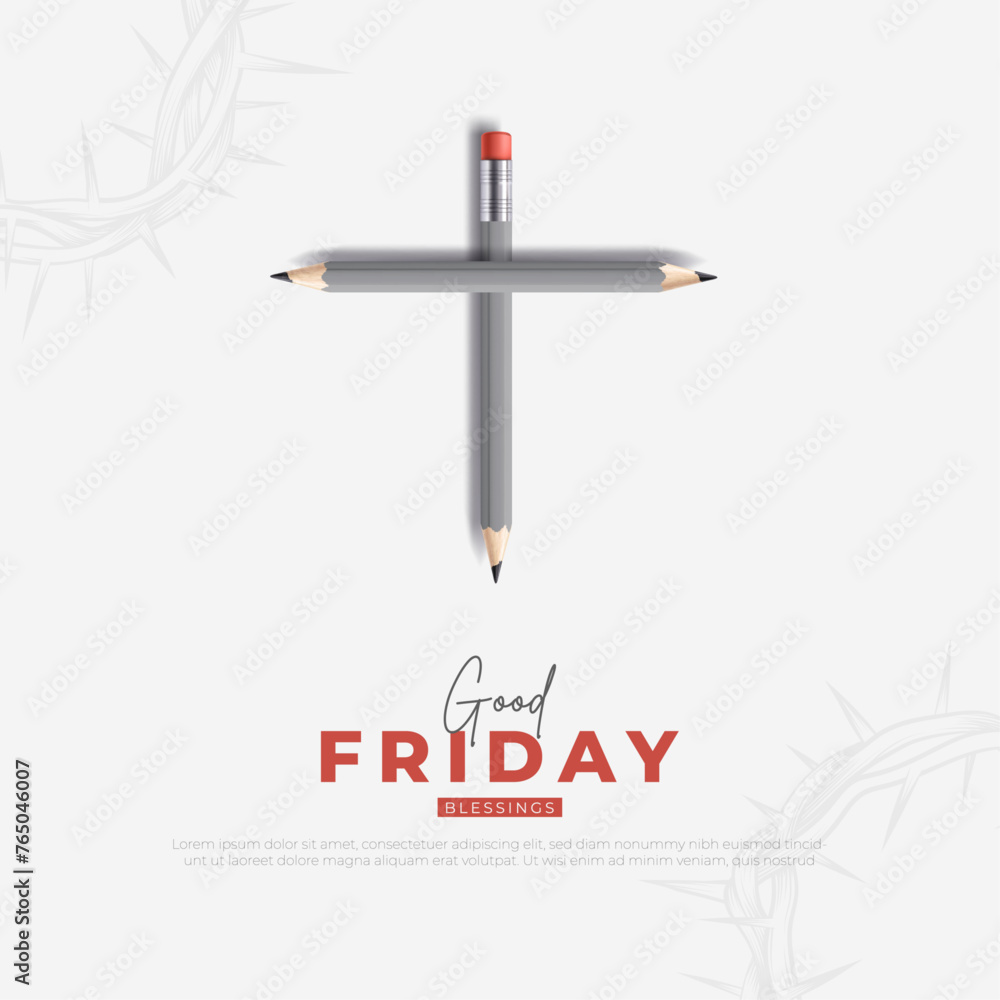Good Friday social media post template and Greeting Card. Holy Week Good Friday Creatives with Text and Christian Cross made up of Pencil Vector Illustration