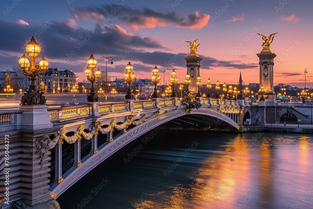 Majestic Famous alexander bridge in France. Ancient historical monument with street lights watercolor. Generate ai